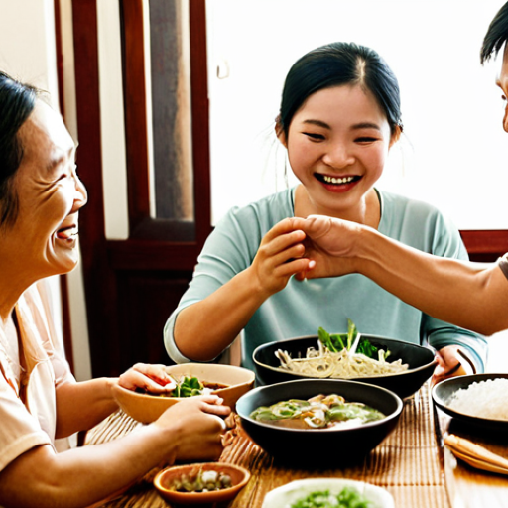**

A warm, inviting kitchen scene during a family meal in Vietnam. Focus on the faces of family members sharing stories and laughter over traditional Vietnamese dishes. Soft, natural lighting should emphasize the cozy and intimate atmosphere. Include details like a teapot, bowls of rice, and perhaps some fresh herbs on the table. This image represents cherishing simple moments and connecting with loved ones.

**