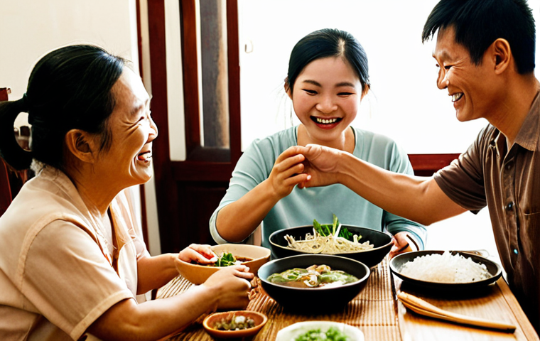 **
A warm, inviting kitchen scene during a family meal in Vietnam. Focus on the faces of family members sharing stories and laughter over traditional Vietnamese dishes. Soft, natural lighting should emphasize the cozy and intimate atmosphere. Include details like a teapot, bowls of rice, and perhaps some fresh herbs on the table. This image represents cherishing simple moments and connecting with loved ones.
**
